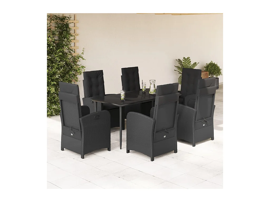 Set da Pranzo da Giardino 7 pz Nero con Cuscini in Polyrattan