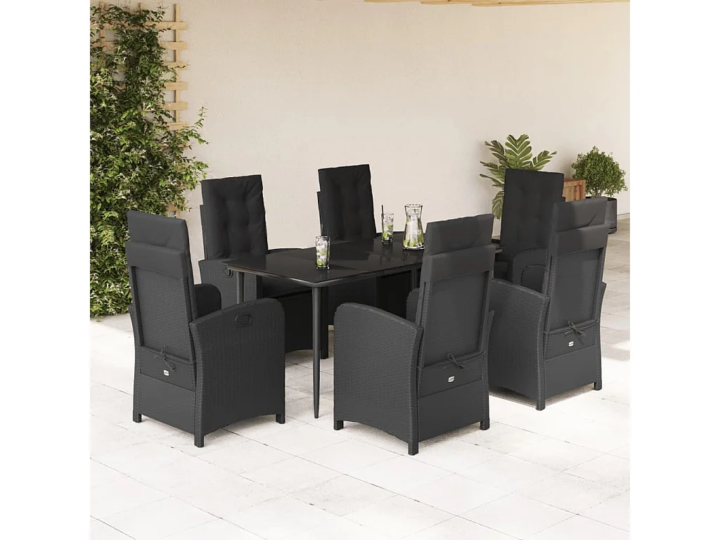 Set da Pranzo da Giardino 7 pz Nero con Cuscini in Polyrattan