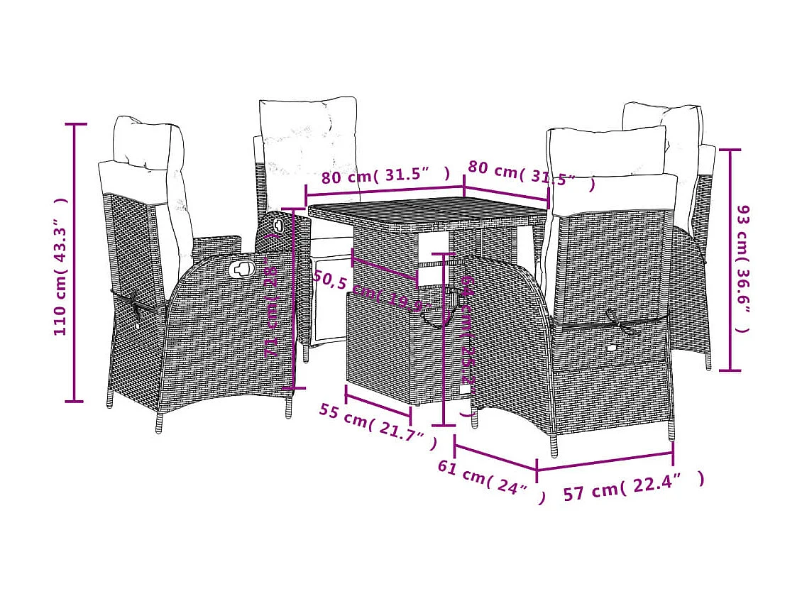 5-tlg. Garten-Essgruppe mit Kissen Beige Poly Rattan