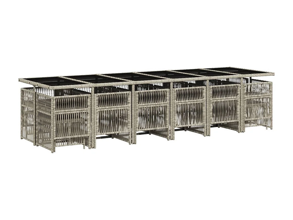 17 pcs conj. jantar jardim c/ almofadões vime PE cinzento-claro