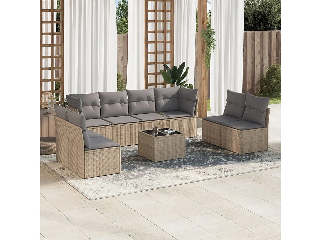 9 pcs conjunto de sofás p/ jardim com almofadões vime PE bege