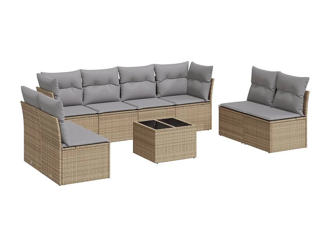 9 pcs conjunto de sofás p/ jardim com almofadões vime PE bege