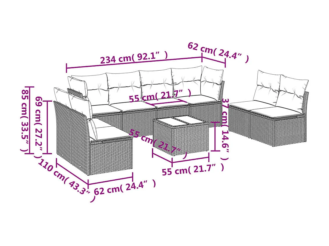 9 pcs conjunto de sofás p/ jardim com almofadões vime PE bege