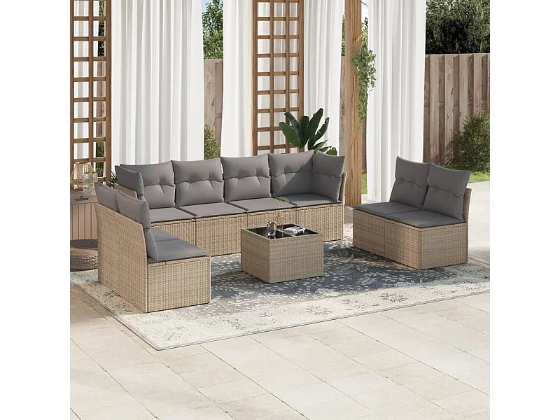 9 pcs conjunto de sofás p/ jardim com almofadões vime PE bege