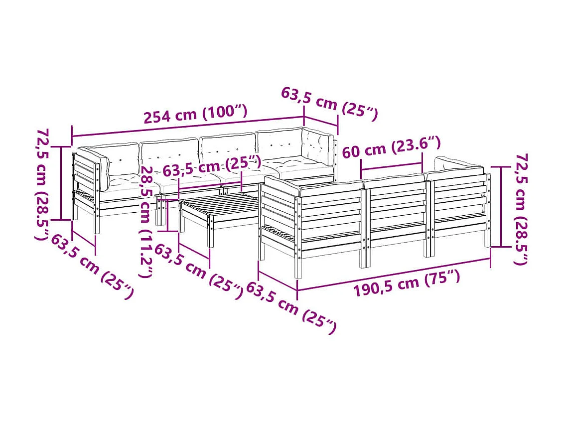 Salon de jardin 8 pcs avec coussins marron cire bois pin massif