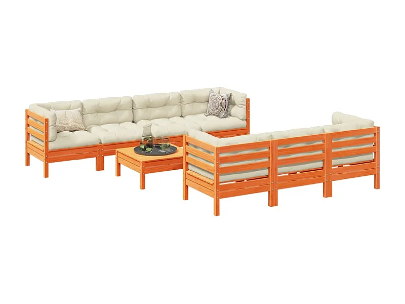 Salon de jardin 8 pcs avec coussins marron cire bois pin massif
