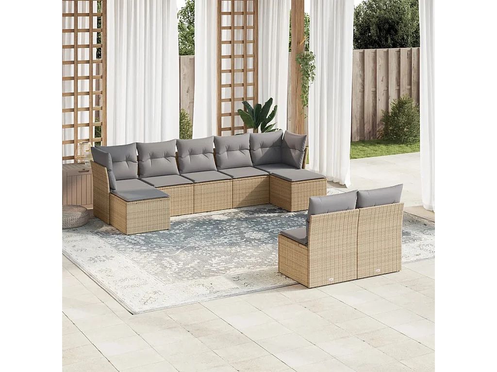 Salon de jardin avec coussins 9 pcs beige résine tressée