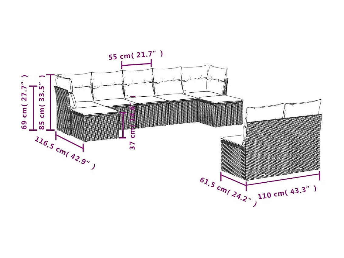Salon de jardin avec coussins 9 pcs beige résine tressée