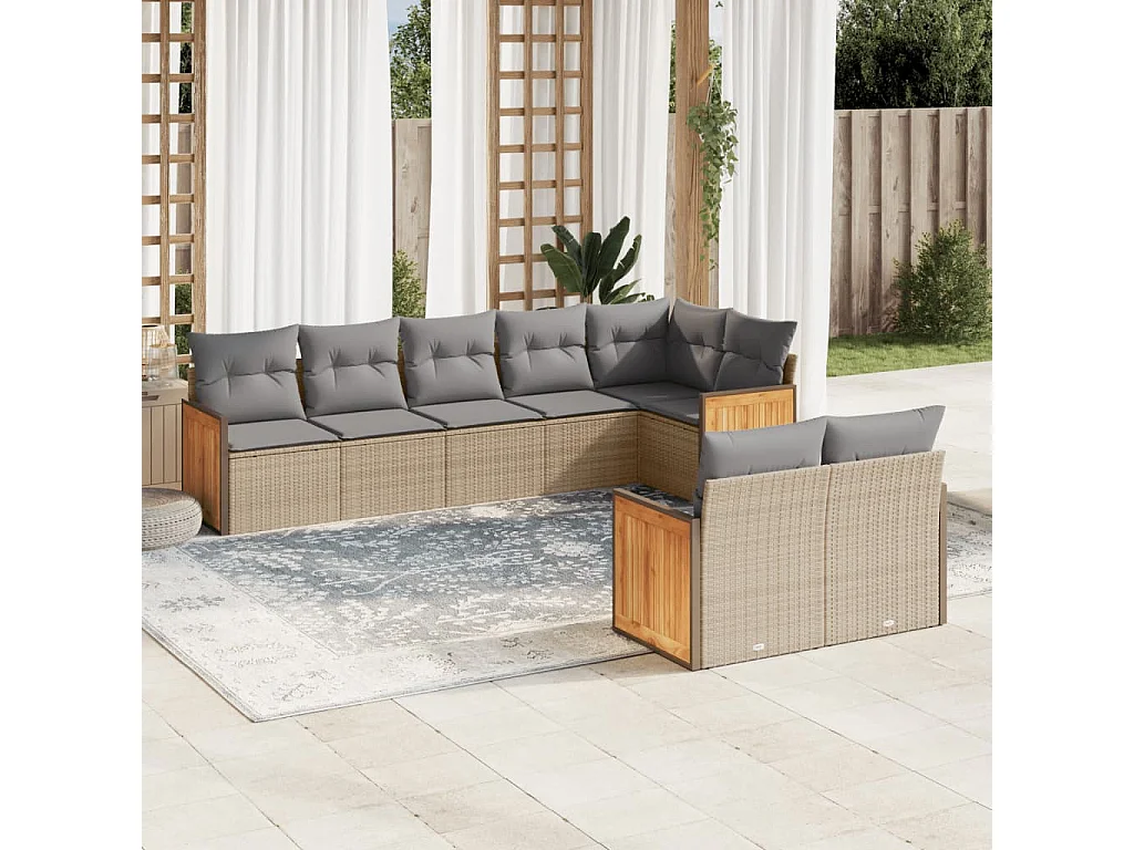 8 pcs conjunto de sofás p/ jardim com almofadões vime PE bege