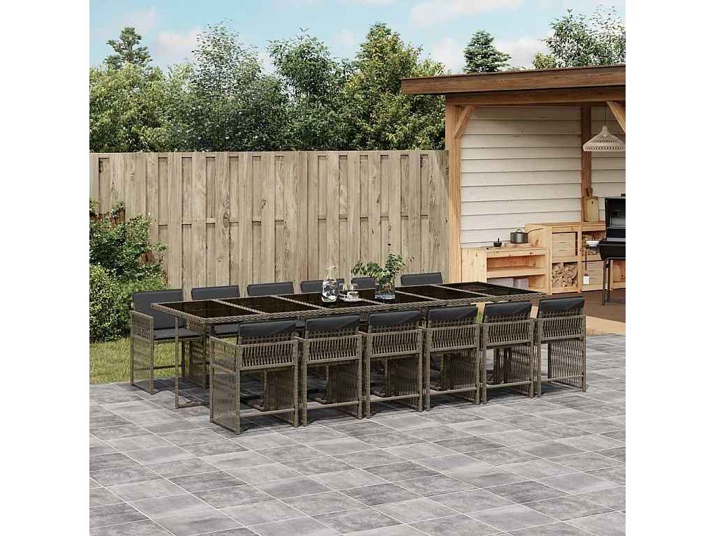 Ensemble à manger de jardin coussins 13 pcs gris résine tressée