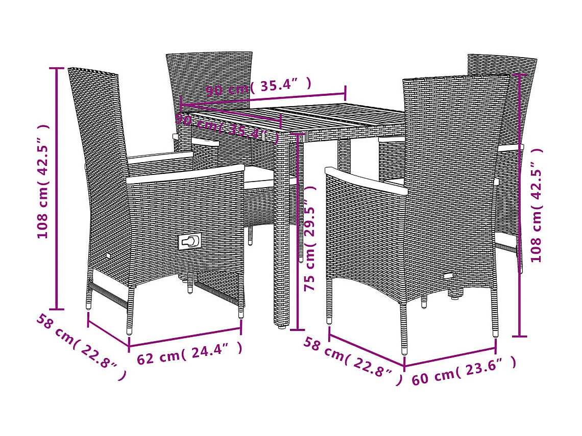 Set de muebles jardín 5 pzas con cojines ratán sintético negro