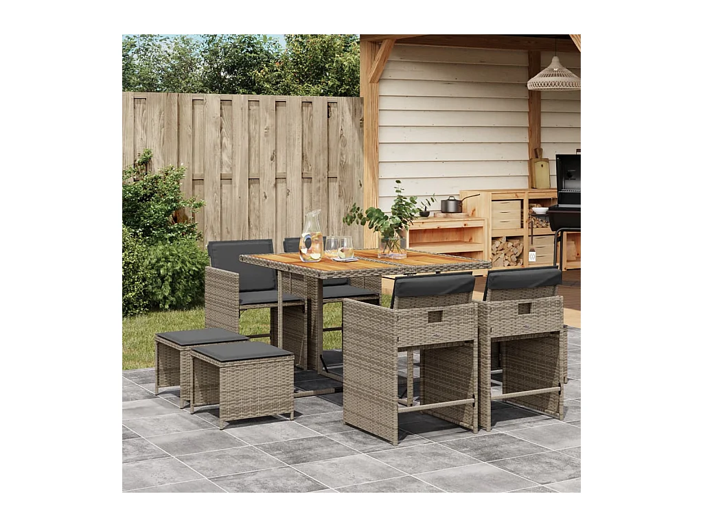 9-delige Tuinset met kussens poly rattan grijs