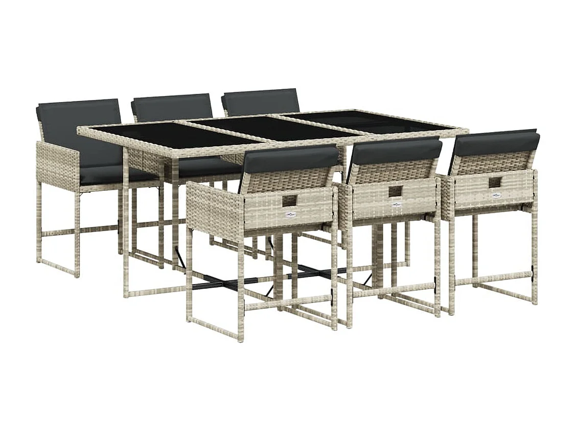 Set comedor jardín 7 pzas y cojines ratán sintético gris claro