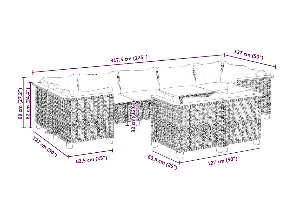 Set Divani da Giardino 9 pz con Cuscini Nero in Polyrattan