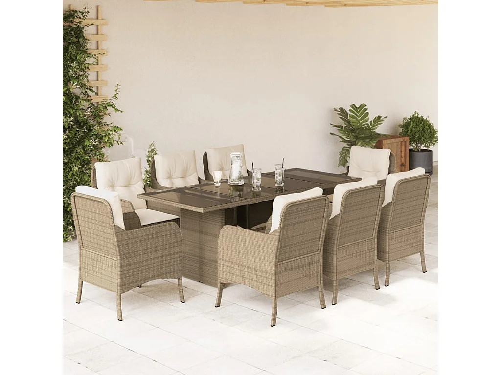 Set da Pranzo da Giardino 9 pz con Cuscini Beige in Polyrattan