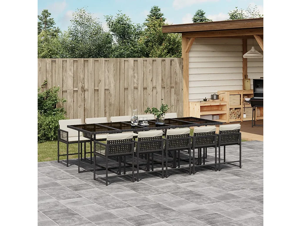 11 pcs conjunto de jantar p/ jardim c/ almofadões vime PE preto