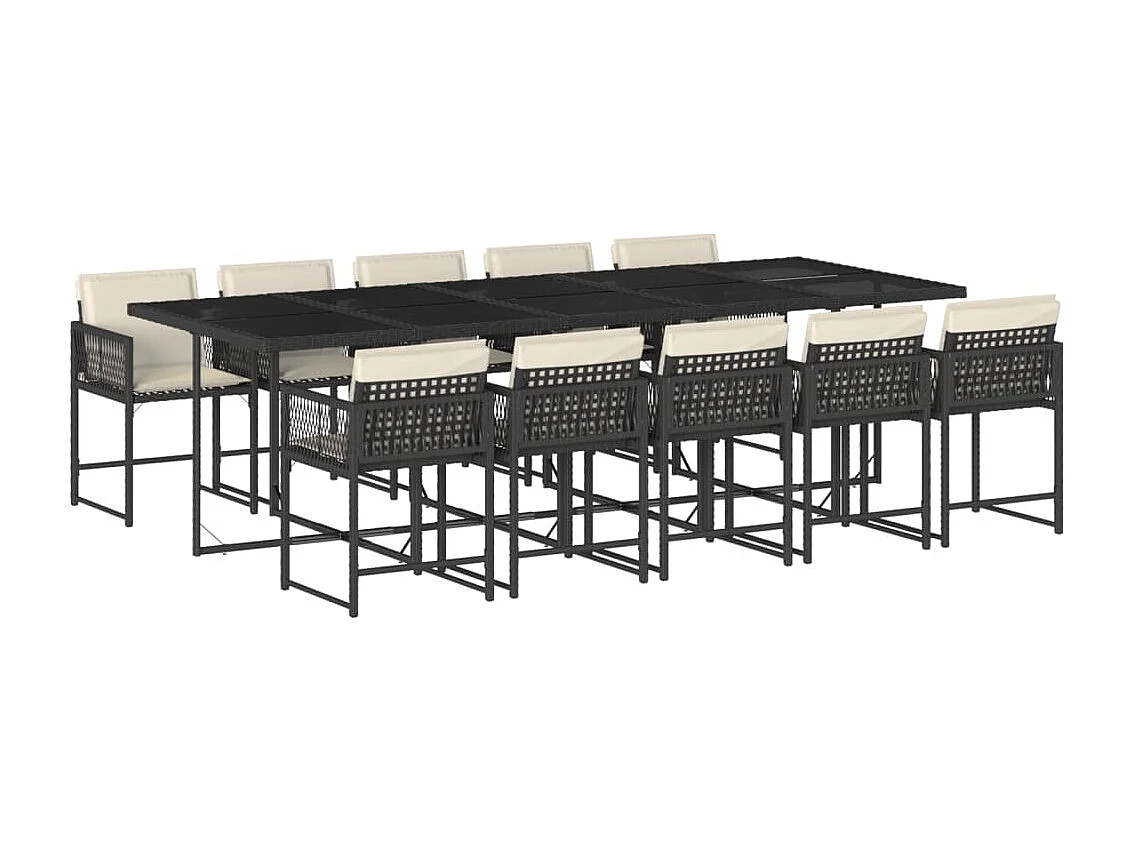 11 pcs conjunto de jantar p/ jardim c/ almofadões vime PE preto