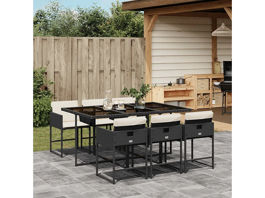 Set da Pranzo da Giardino 7 pz Nero con Cuscini in Polyrattan