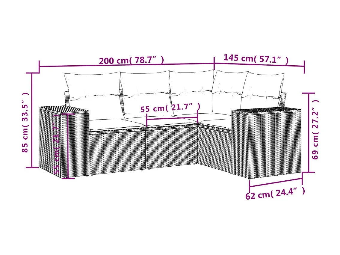 4 pcs conjunto de sofás para jardim c/ almofadões vime PE bege