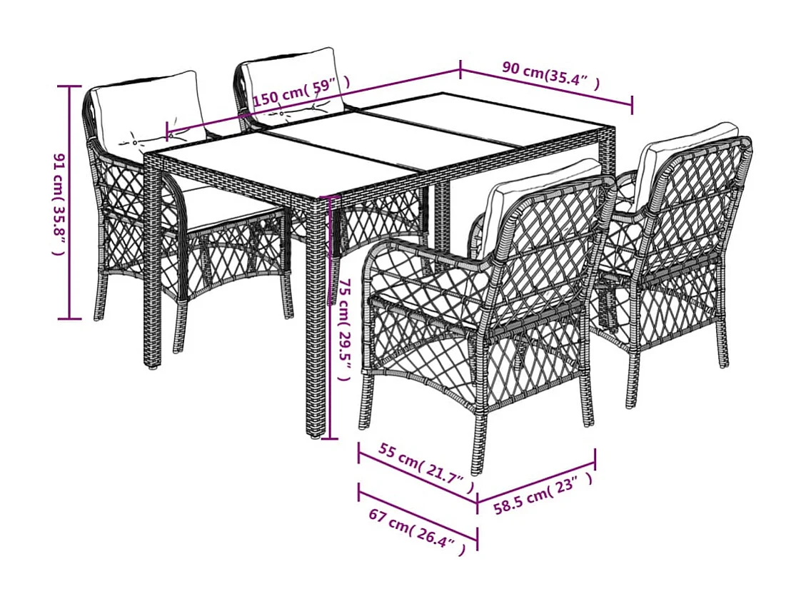 Ensemble à manger de jardin coussins 5pcs Noir Résine tressée