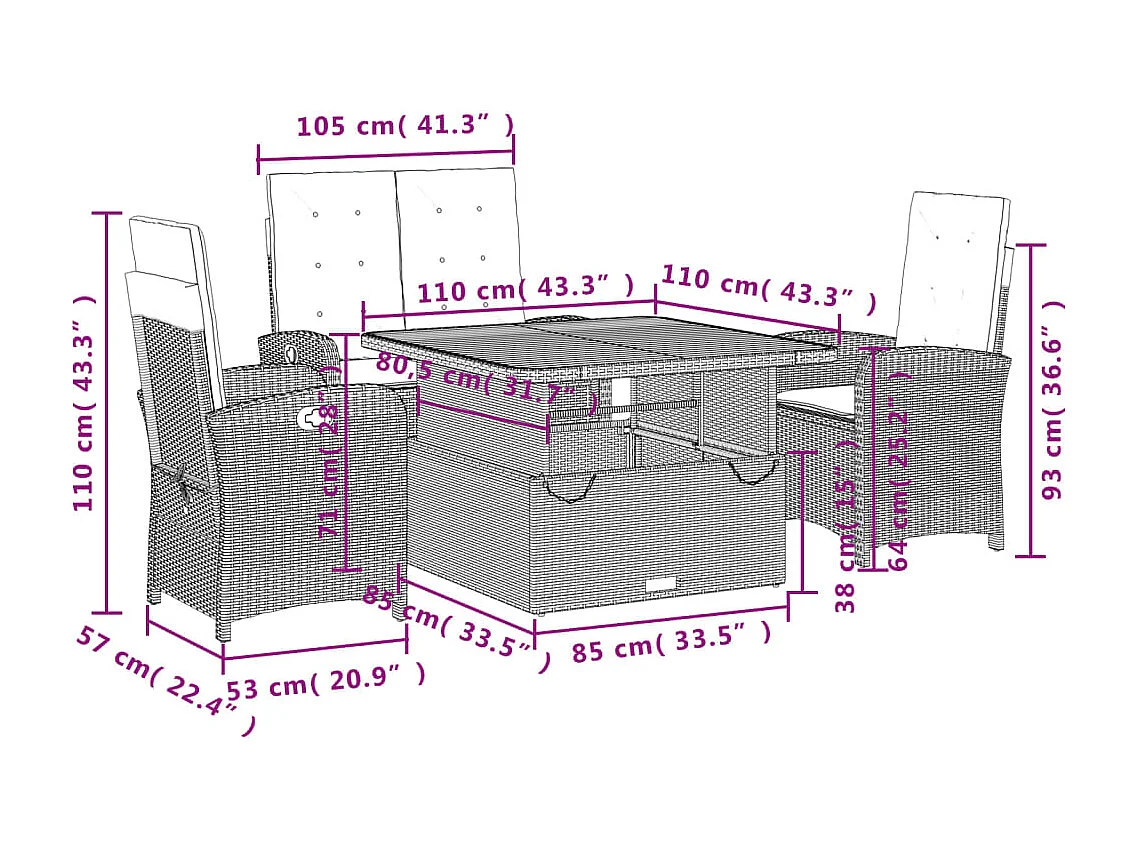 4-delige Tuinset met kussens poly rattan beige