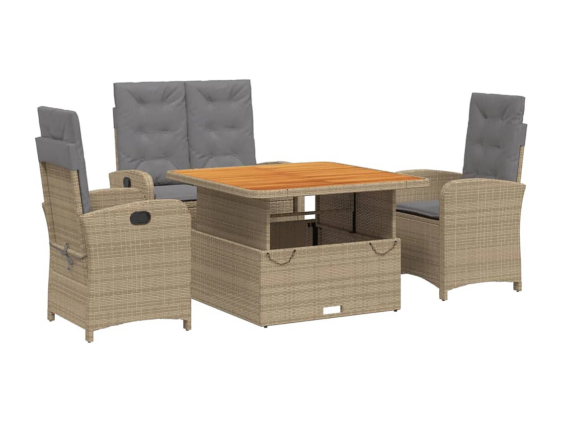 4 pcs conjunto de jantar p/ jardim c/ almofadões vime PE bege