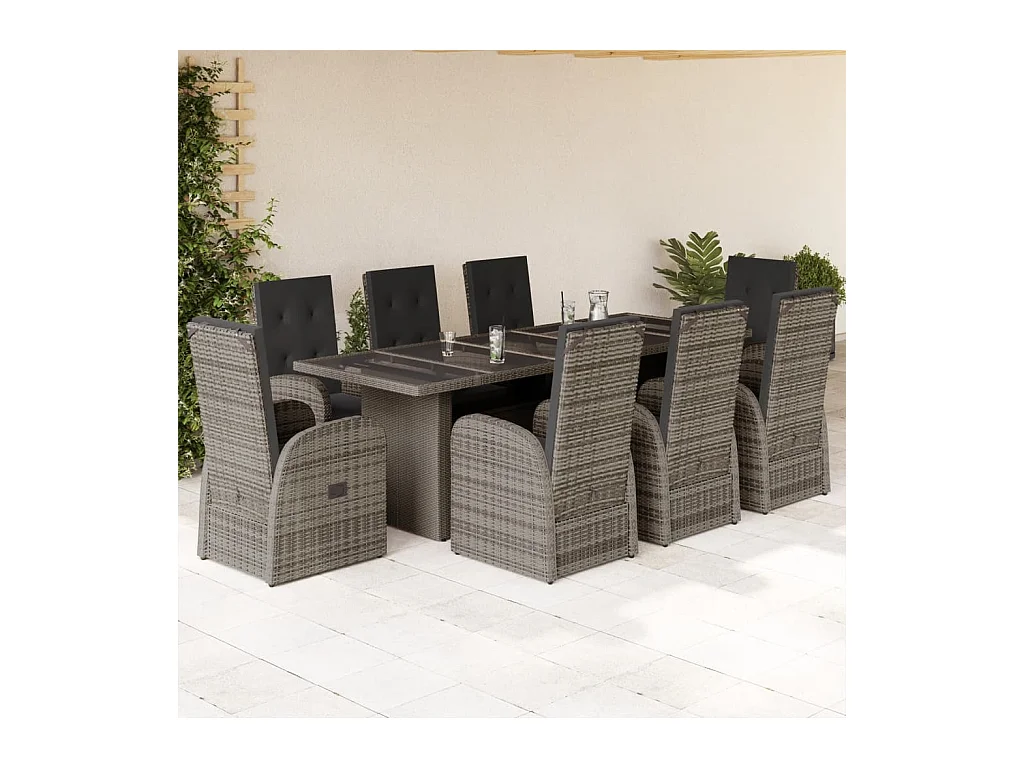 9 pcs conjunto de jantar p/ jardim c/ almofadões vime PE cinza