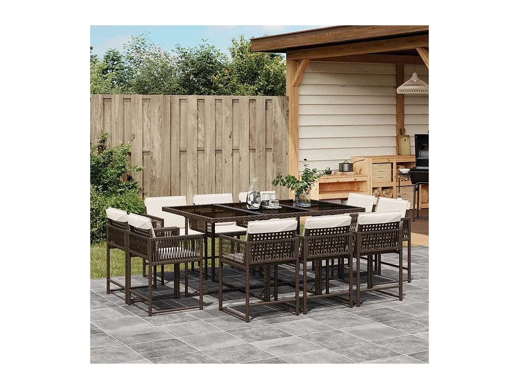 Set da Pranzo da Giardino 11 pz con Cuscini Polyrattan Marrone
