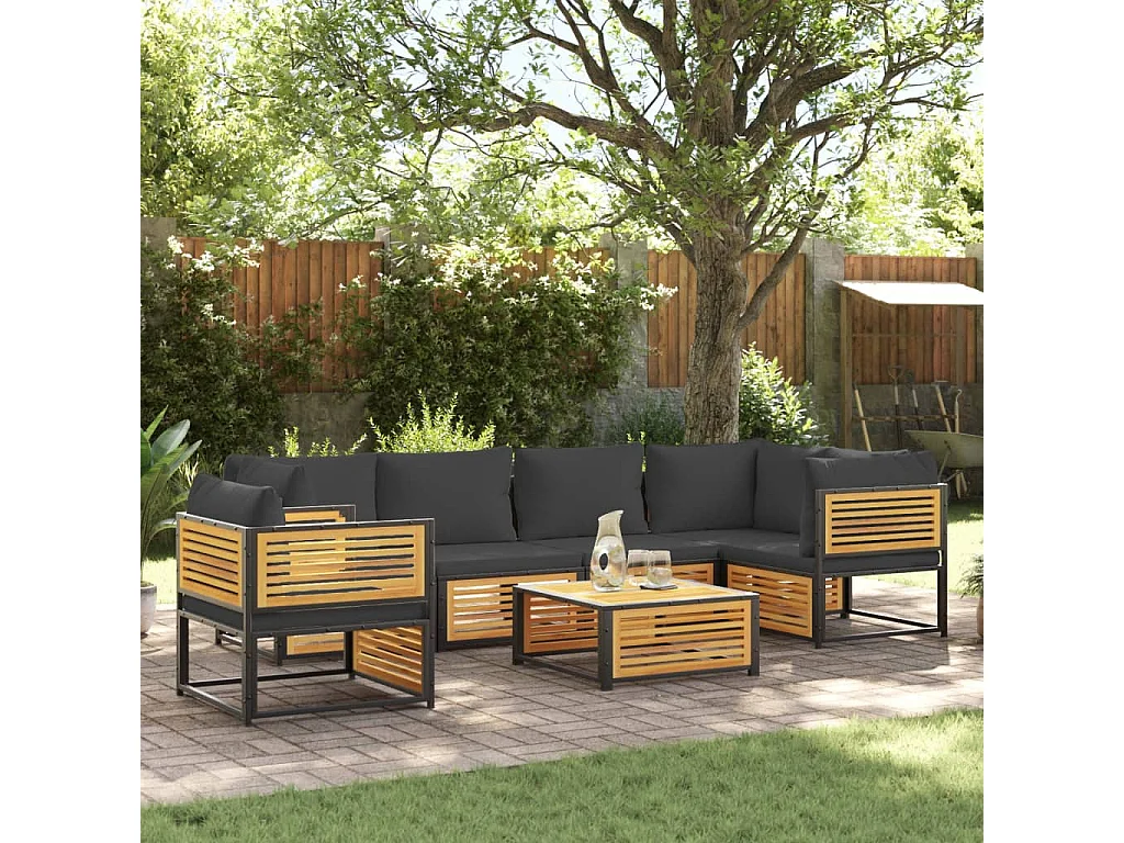 7 pcs conjunto sofás jardim c/almofadões madeira maciça acácia