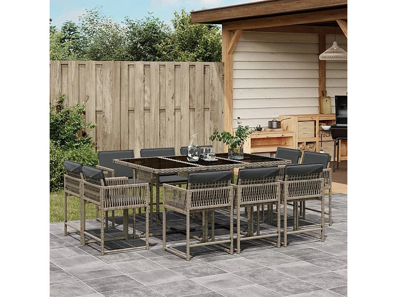 11-tlg. Garten-Essgruppe mit Kissen Grau Poly Rattan