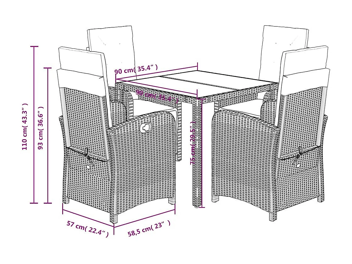 Ensemble à manger de jardin 5 pcs coussins gris résine tressée