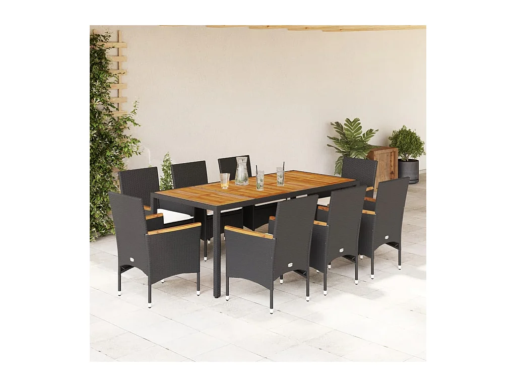 Ensemble à manger de jardin et coussins 9 pcs noir rotin acacia