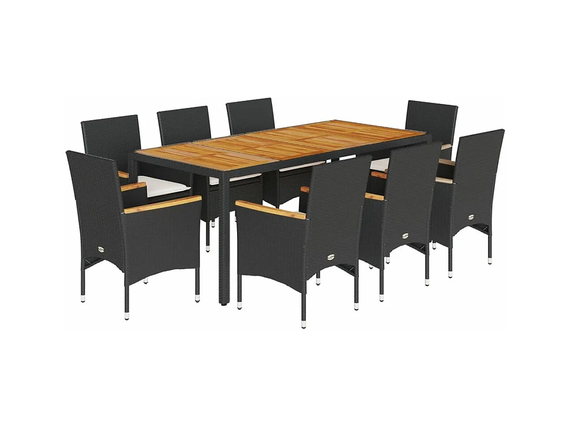 Ensemble à manger de jardin et coussins 9 pcs noir rotin acacia