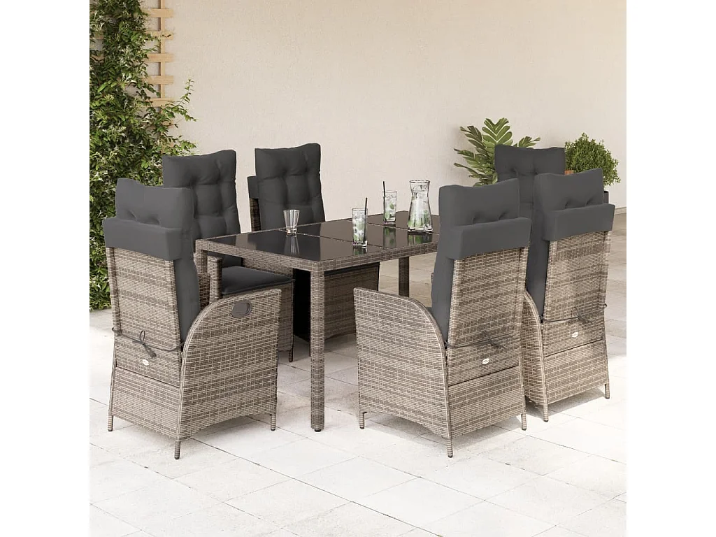 Ensemble à manger de jardin et coussins 7 pcs gris rotin