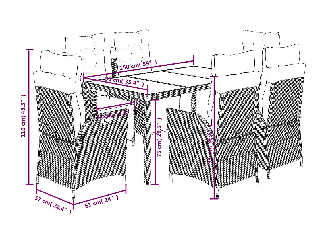 Ensemble à manger de jardin et coussins 7 pcs gris rotin