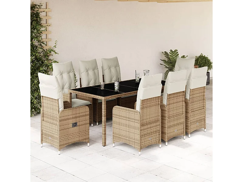 Ensemble de bistro de jardin 9 pcs coussins beige poly rotin