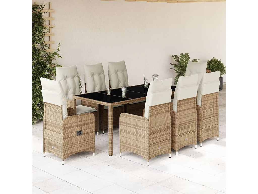 Ensemble de bistro de jardin 9 pcs coussins beige poly rotin