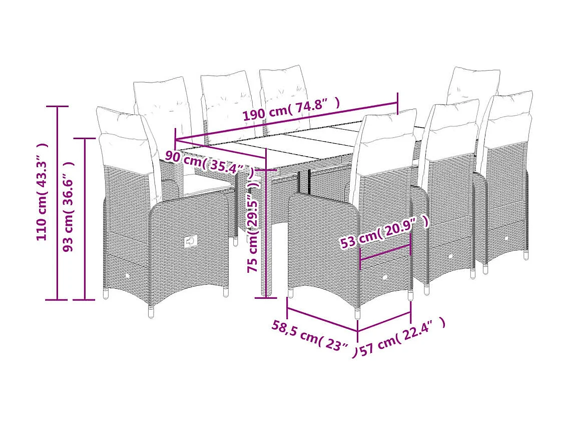 Ensemble de bistro de jardin 9 pcs coussins beige poly rotin