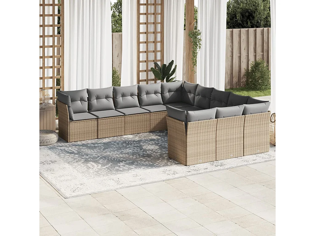11-tlg. Garten-Sofagarnitur mit Kissen Beige Poly Rattan