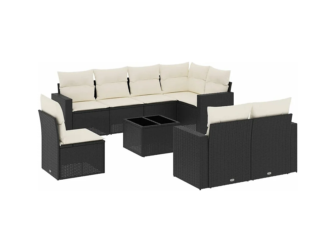 9-tlg. Garten-Sofagarnitur mit Kissen Schwarz Poly Rattan