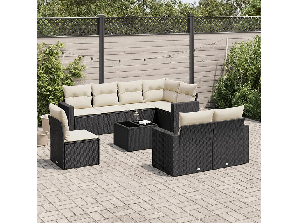 9-tlg. Garten-Sofagarnitur mit Kissen Schwarz Poly Rattan