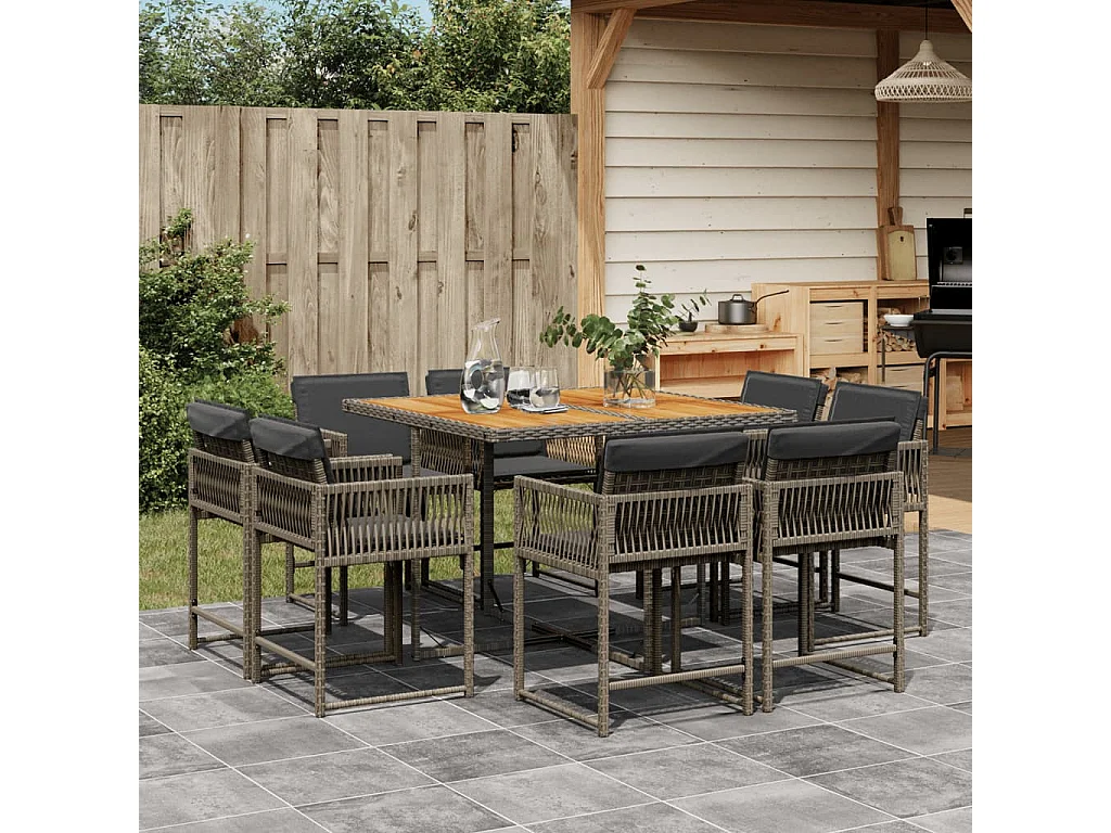 9-tlg. Garten-Essgruppe mit Kissen Grau Poly Rattan