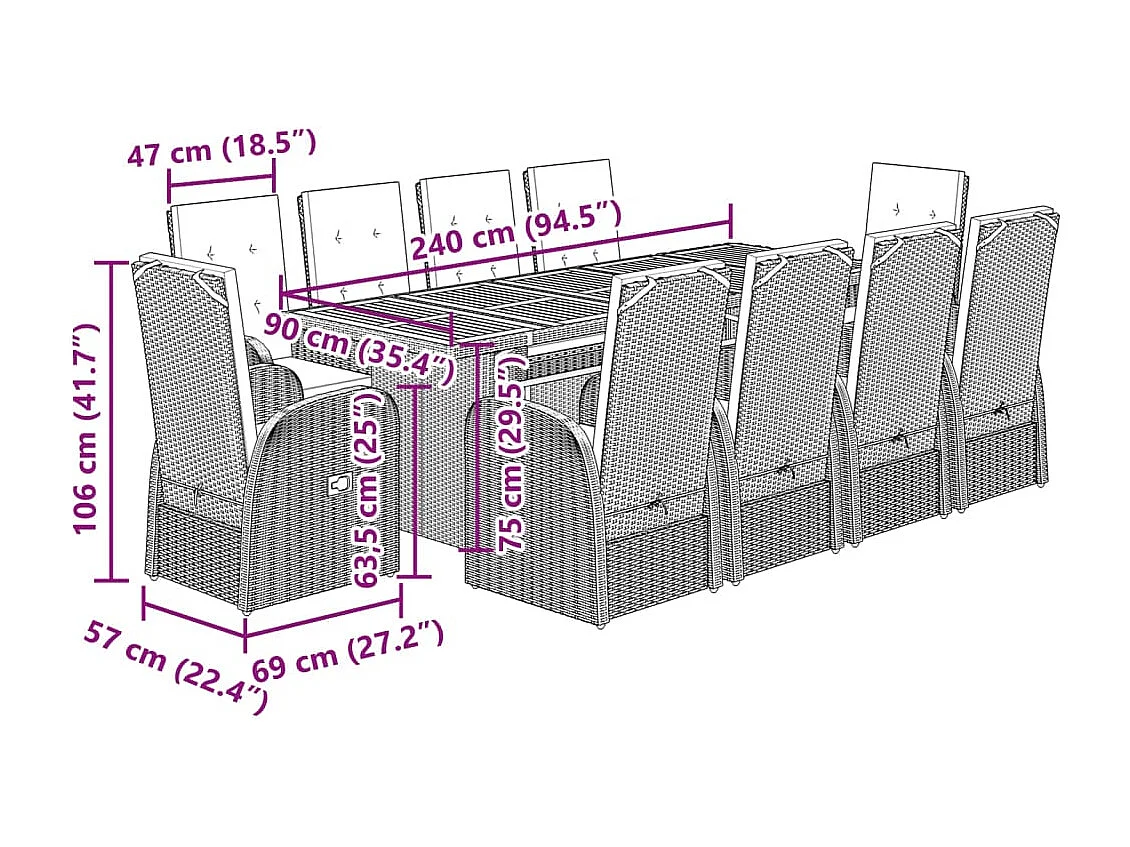 Ensemble à manger de jardin 11pcs avec coussins gris poly rotin