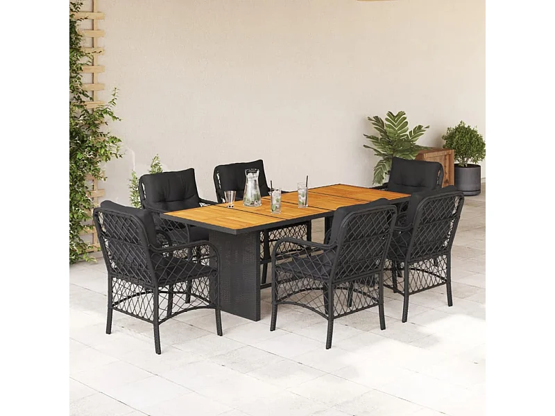 Ensemble à manger de jardin coussins 7pcs Noir Résine tressée