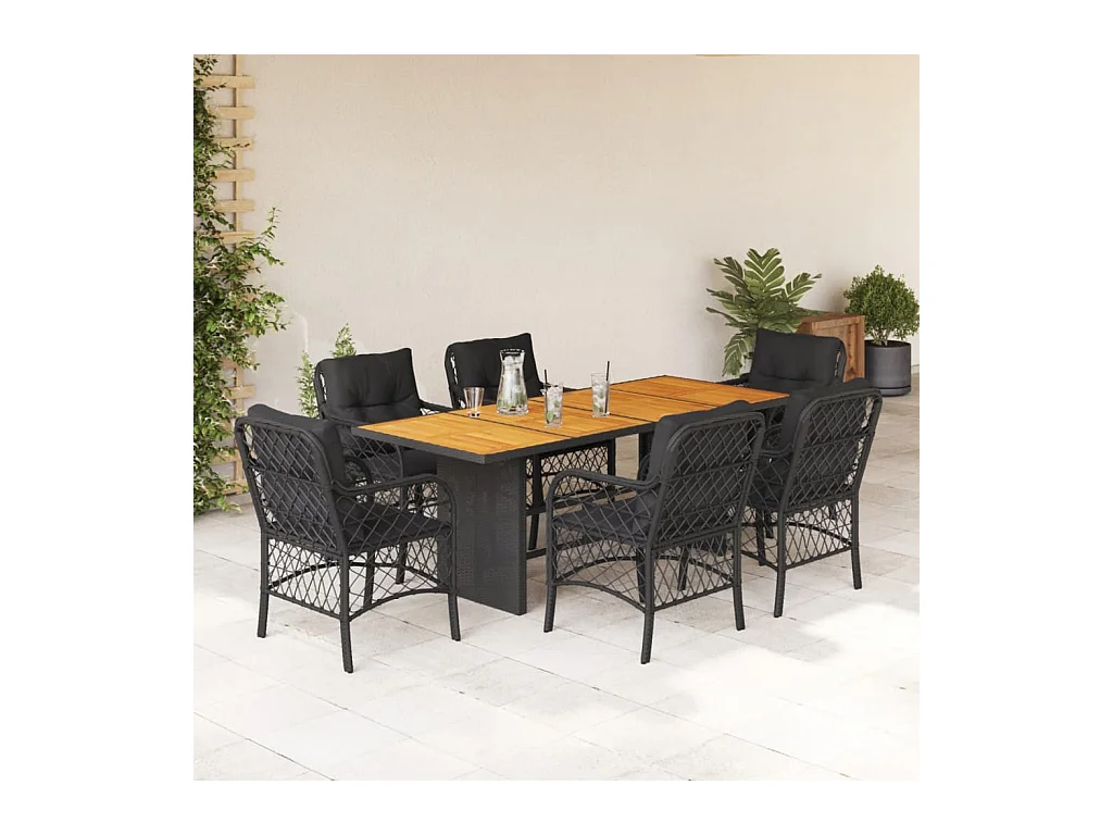 Ensemble à manger de jardin coussins 7pcs Noir Résine tressée