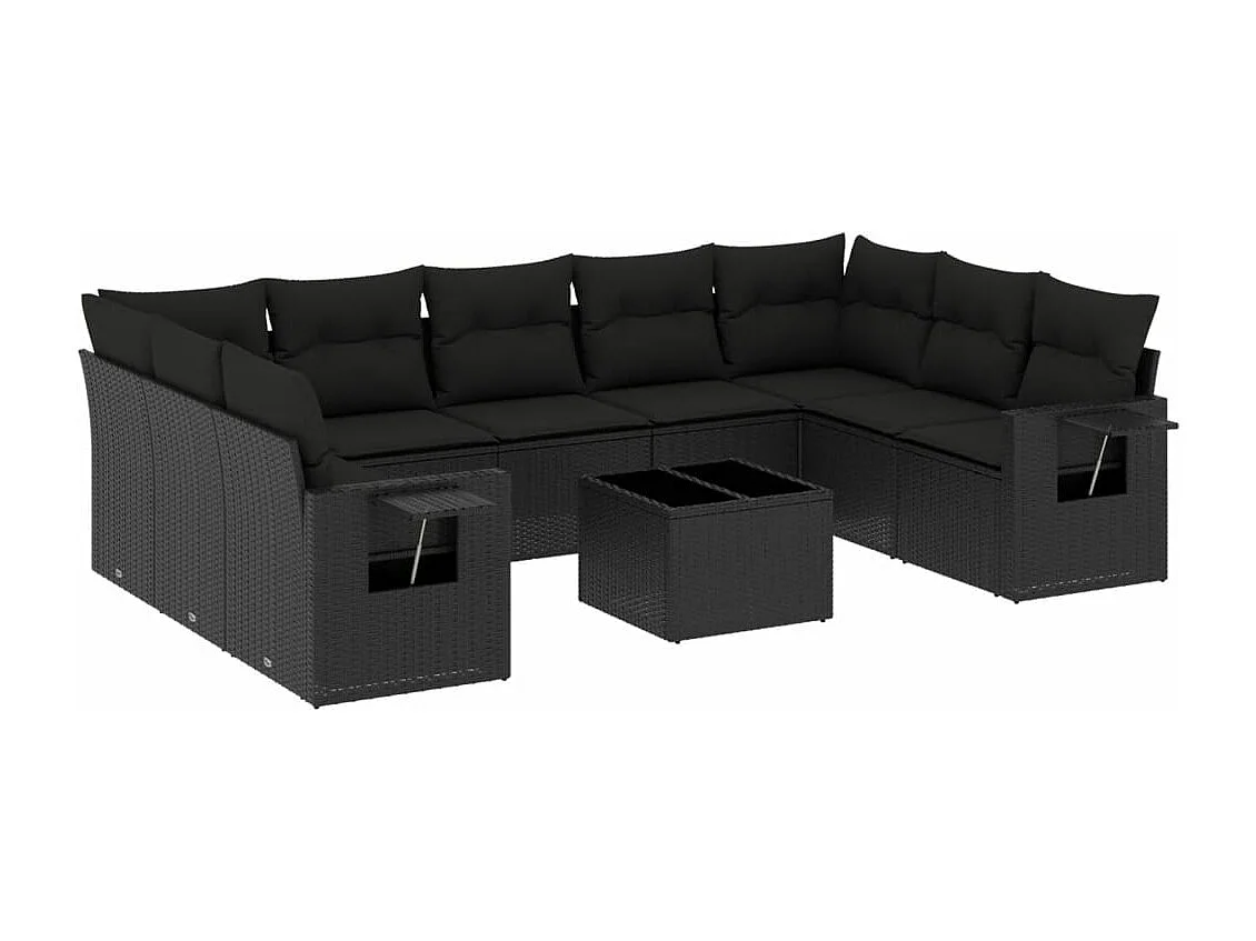 Salon de jardin 10 pcs avec coussins noir résine tressée