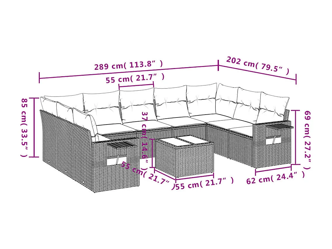 10 pcs conjunto sofás de jardim c/ almofadões vime PE preto