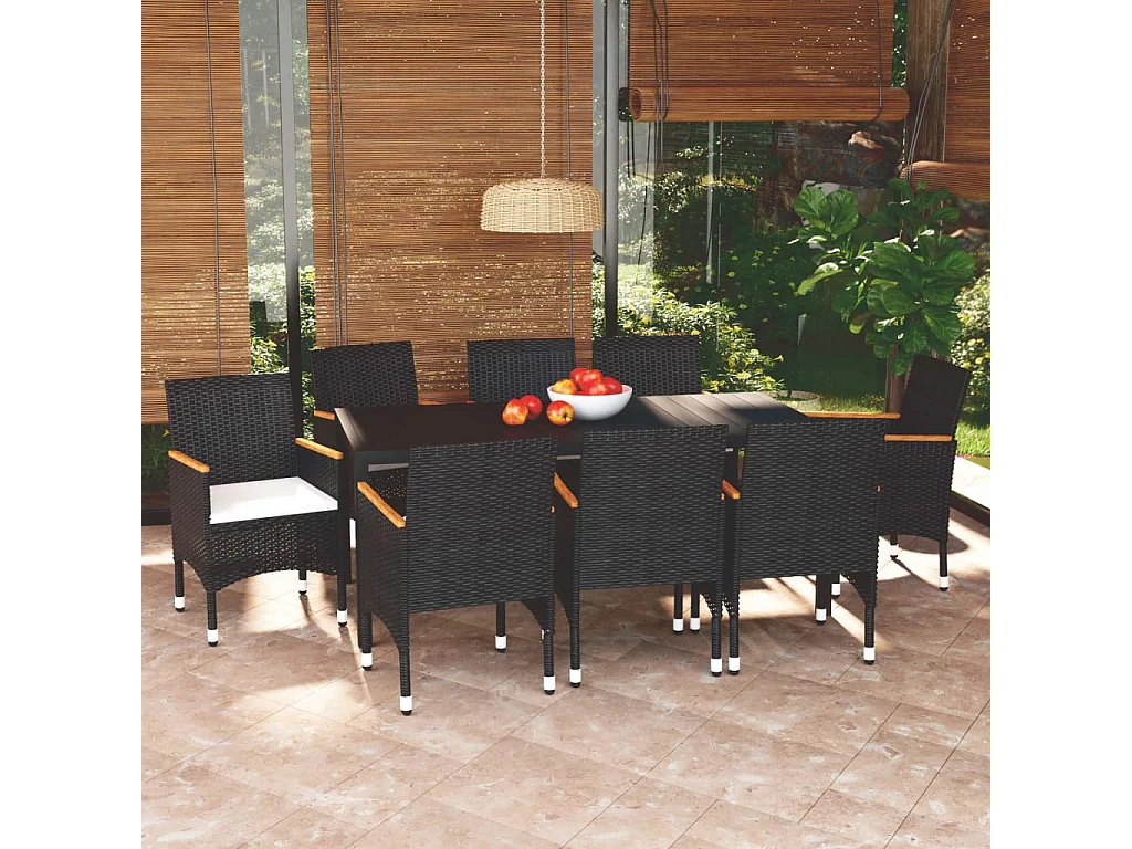 9-tlg. Garten-Essgruppe mit Kissen Poly Rattan Schwarz