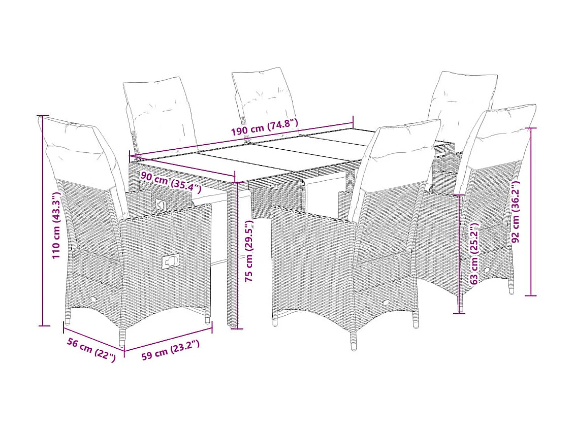 Set Bistrò da Giardino 7 pz con Cuscini in Polyrattan Grigio