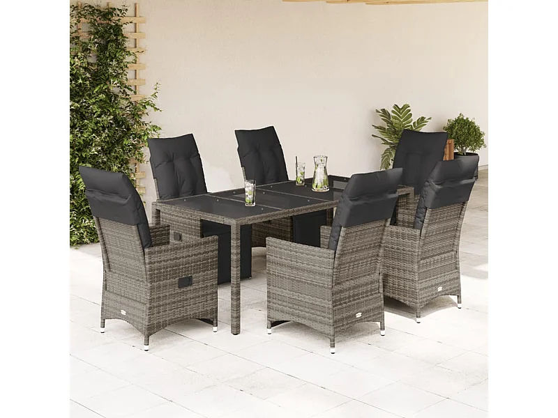 Ensemble de bistro de jardin 7 pcs coussins gris poly rotin